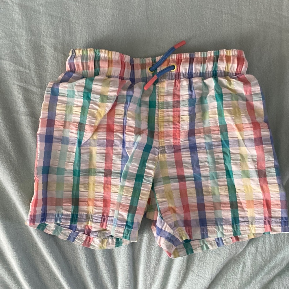 Preppy seersucker swim trunks